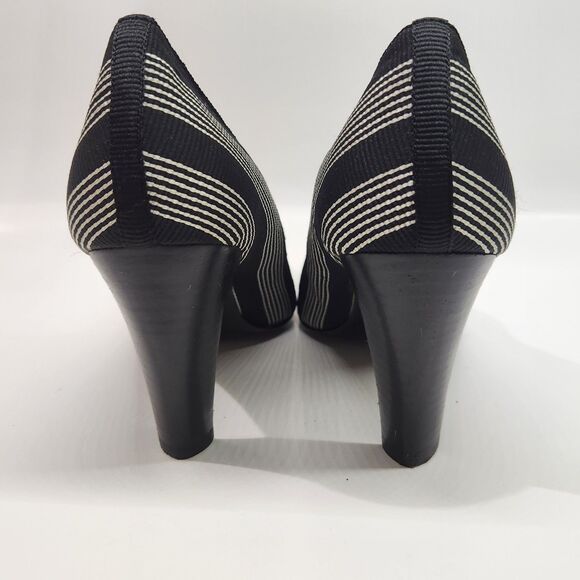 Woman's Nine West 3 1/2" Heel Peep Toe Size 8 1/2 M Black White Stripe - Picture 7 of 16